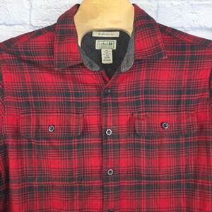 LL Bean Mens Fleece Lined Flannel Shirt Jacket Red‎ Black Plaid Large Sz TALL LT